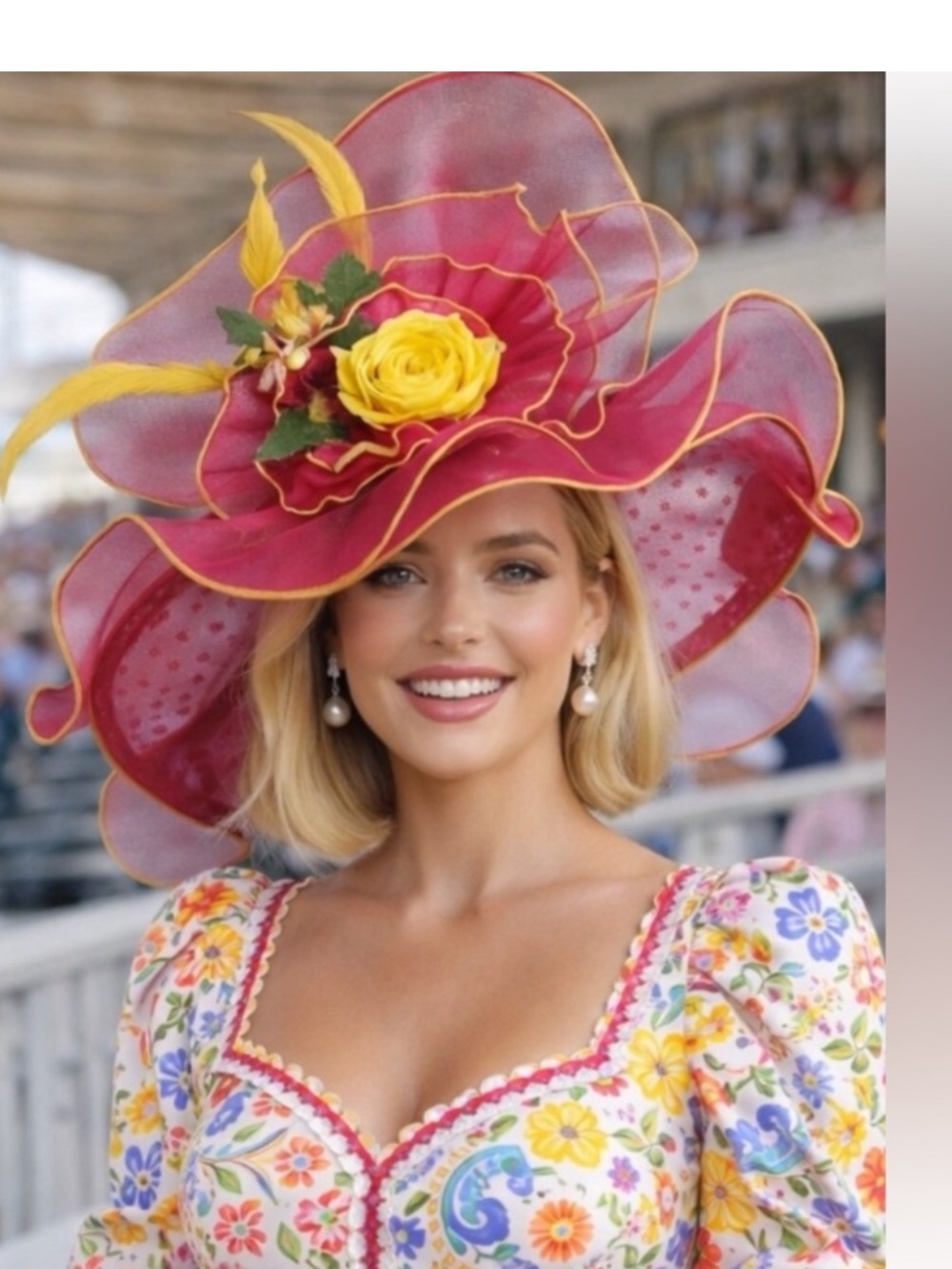 Kentucky Derby Hat Ky Oaks Organza Feather Pink Polka Dot and Yellow Floral Hat